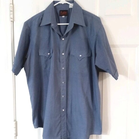 Plains Western Wear Cowboy Pearl Snaps. Blue Short Sleeve Shirt Men's Size Large - Picture 1 of 6